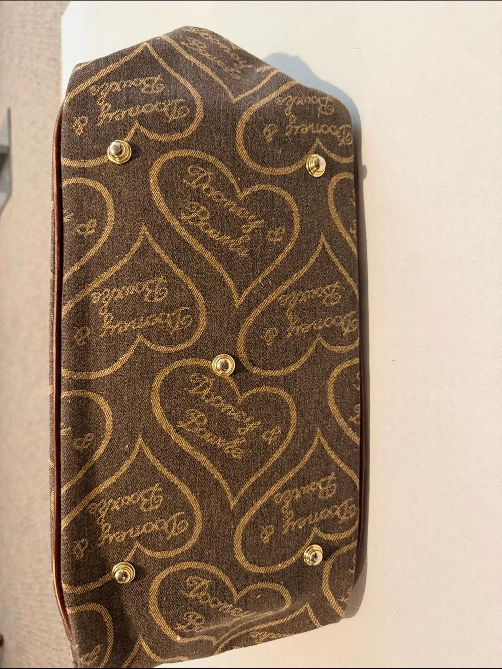 Dooney & Bourke Brown Logo Heart Canvas Tote with Leather Trim